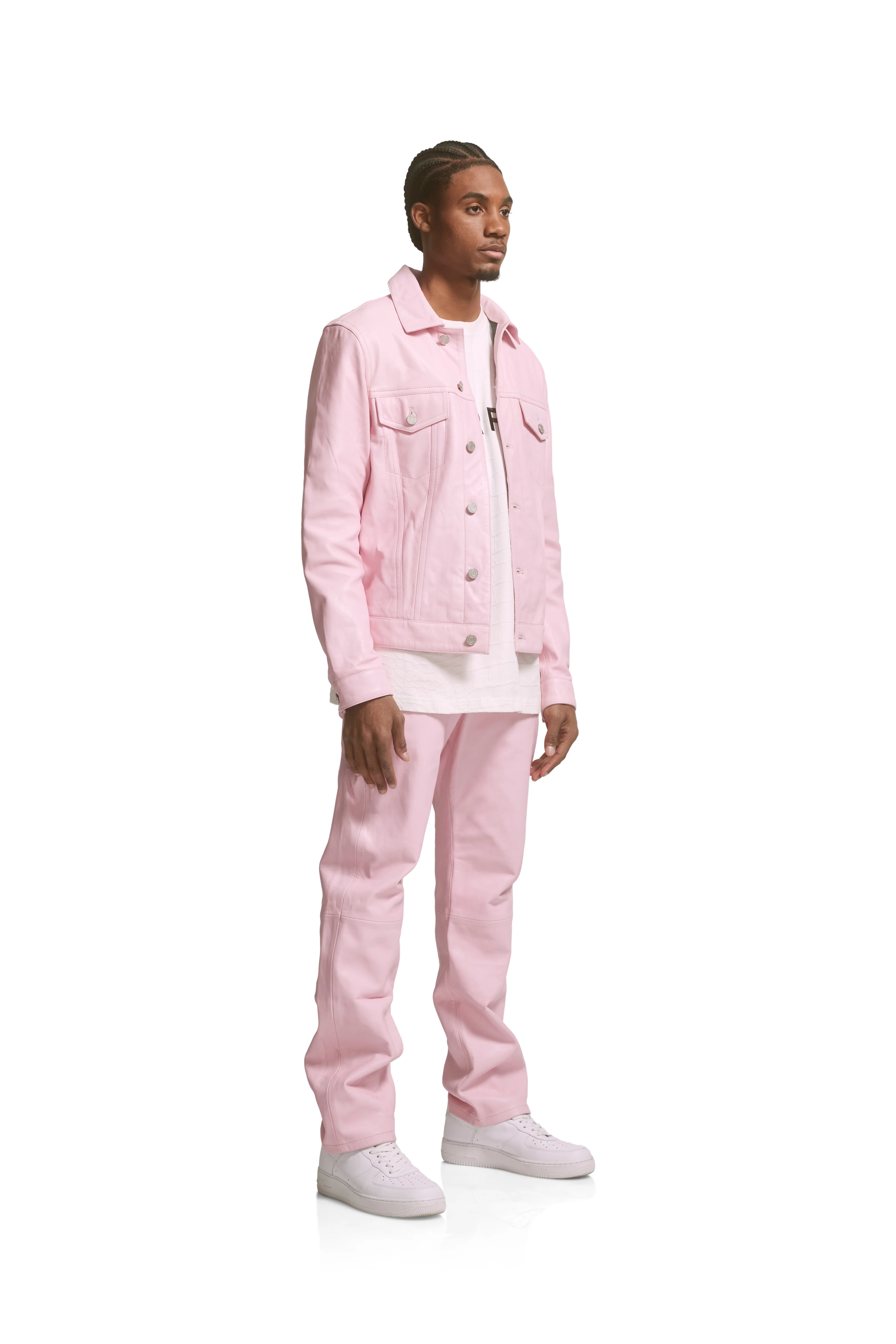 P028 LEATHER TRUCKER JACKET - Cherry Blossom - Image 3