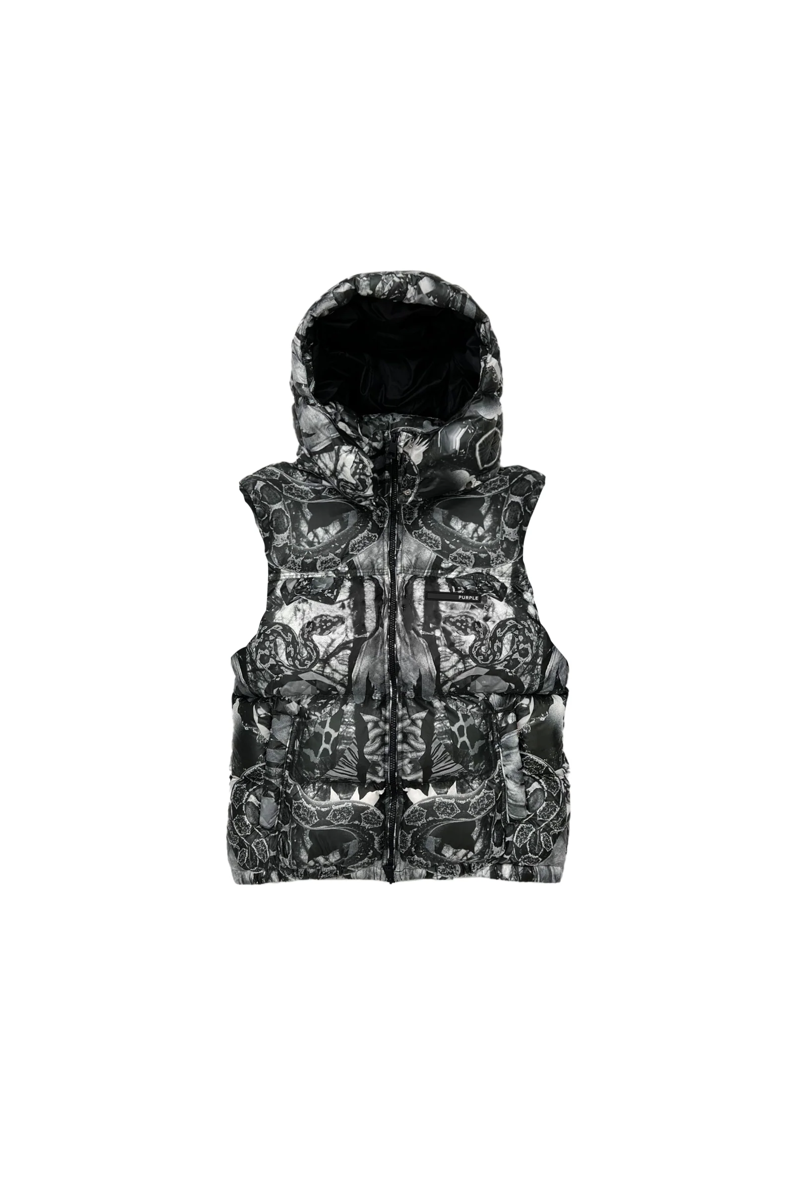 P623 POLY SNAP OFF HOOD PUFFER VEST - Black Multi